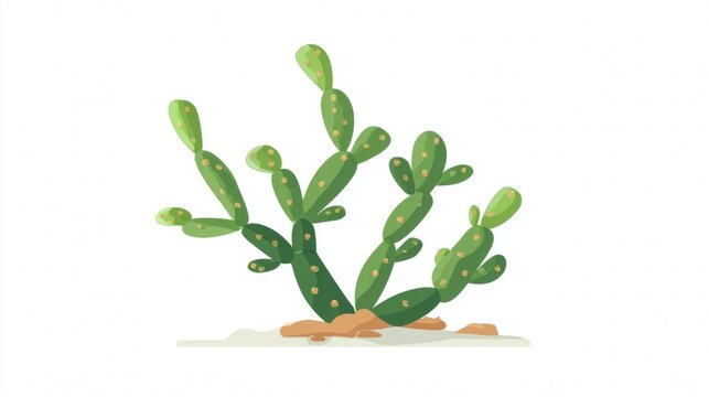 A vibrant green prickly pear cactus with multiple pads growing in sandy soil against a clean white background.