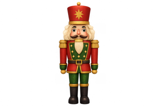 Classic nutcracker soldier standing at attention on transparent background
