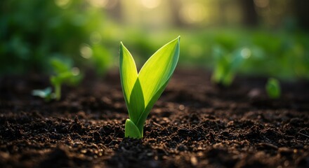 A young green sprout emerges from dark soil backlit by sunlight
