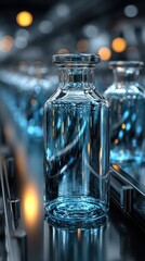 Clear glass bottle on a conveyor belt in a manufacturing facility during evening hours with warm ambient lighting