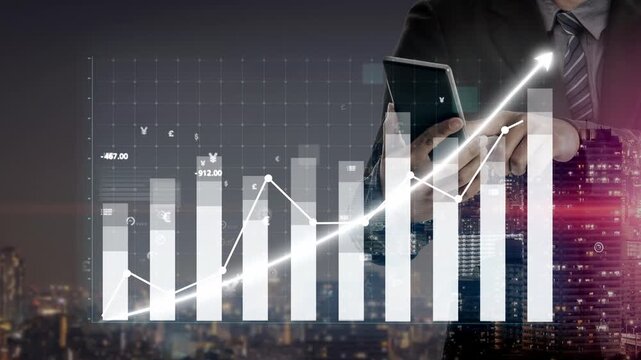 A businessman analyzes a financial growth chart on a smartphone, showcasing an upward trend with currency symbols, set against a city skyline backdrop. Copula