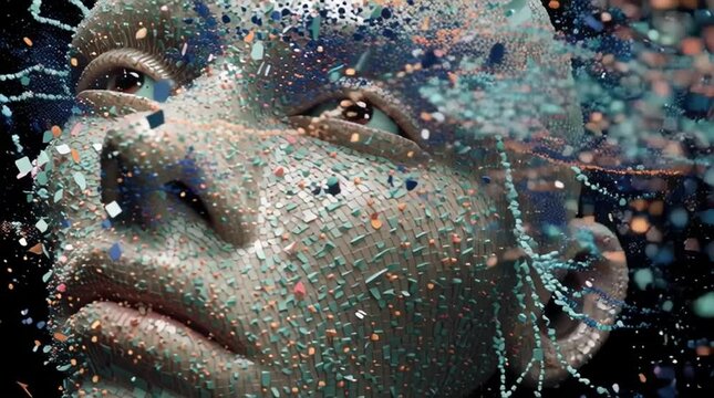 Close up of a face made of small squares with glitter and sparkles on a dark background art