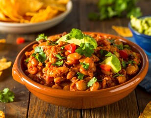 Hearty bean dish topped with avocado and cilantro
