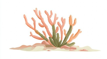 Obraz premium Illustration of a coral plant with pink branches and green base on sand.