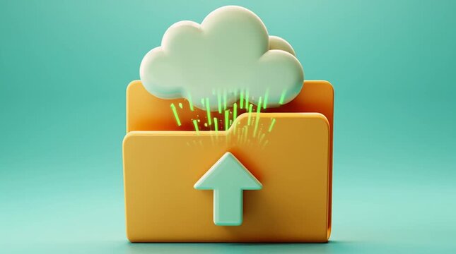 A cartoon folder with an upload arrow and a cloud on a blue background in a studio shot