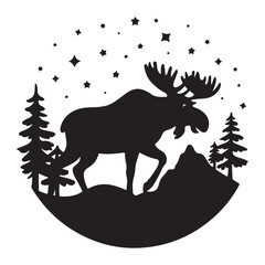 Moose Silhouette in Night Forest Scene, Wildlife Vector with Trees, Stars and Mountain Elements for Nature Art