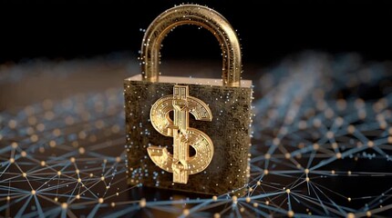 A golden padlock with a dollar sign on it sits on a network of connected dots against a black background - Powered by Adobe