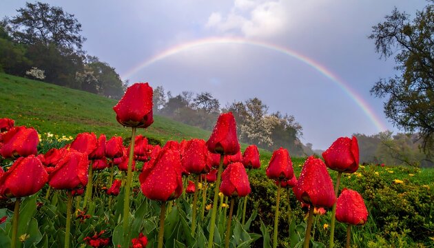 Rainbow over red tulips