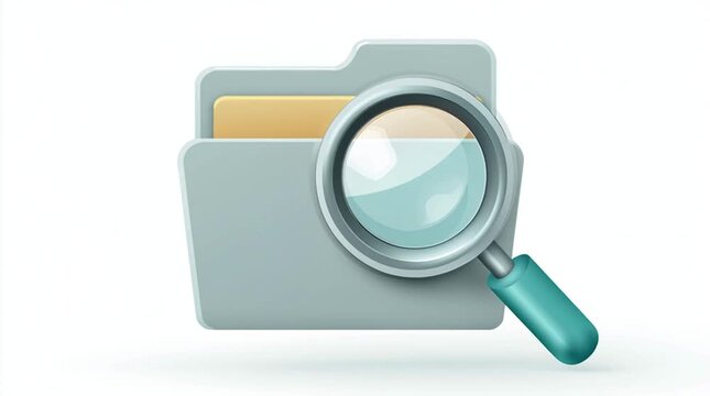 A cartoon folder with a magnifying glass in front of it on a white background illustration
