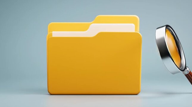 A yellow folder with white papers and a magnifying glass on a light blue background in close up view