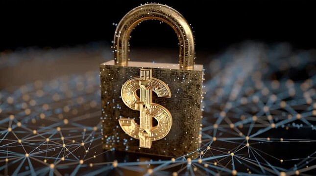 A golden padlock with a dollar sign on it sits on a network of connected dots against a black background