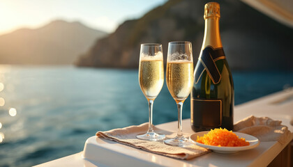 Chilled champagne flutes, caviar await on luxury yacht deck. Bottle of sparkling wine, orange roe, glasses suggest elegant celebration. Serene ocean backdrop with sunset hills creates opulent