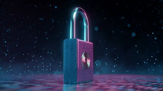 A padlock with a logo on it is centered against a dark background with blue and pink neon lighting