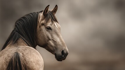 Obraz premium Majestic horse gazing into the distance under a dramatic sky at dusk in a tranquil outdoor setting