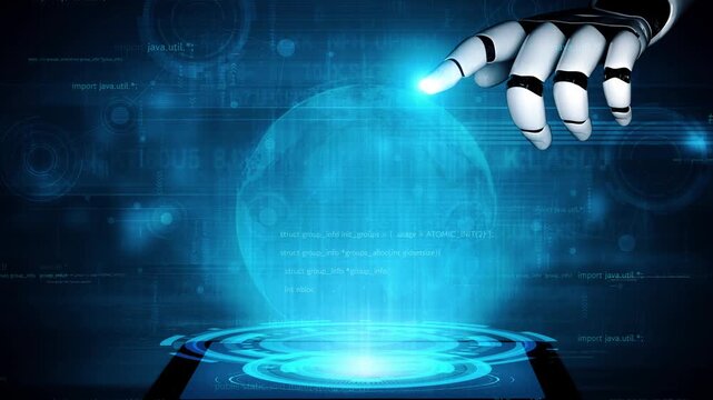 A robotic hand interacts with a holographic globe, symbolizing technology and innovation, set against a digital backdrop filled with binary code and patterns. Xenic