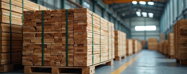 Neatly stacked wood planks secured with green straps sit on pallets inside spacious factory warehouse. Natural light illuminates organized rows of timber, suggesting industrial lumber processing,