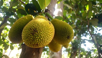 Close-up of a cluster of large, textured, unripe fruits growing on a tree branch. 