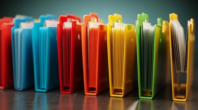 Close up of colorful file folders arranged in a row on a reflective surface in a studio setting