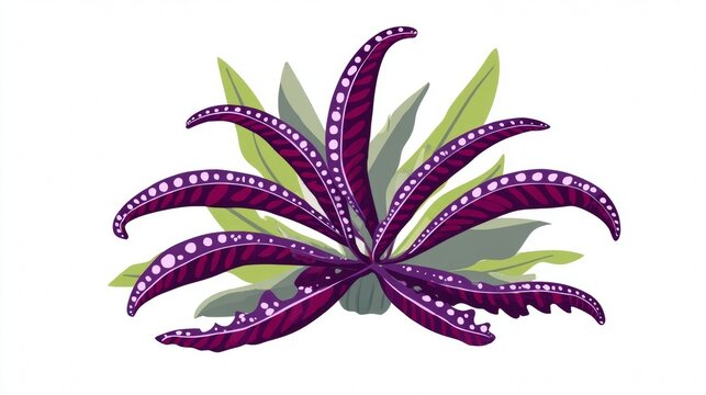 Illustration of a vibrant purple plant with elongated leaves and white spots, set against a backdrop of green foliage.