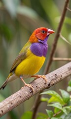 Generative AI Image of a Colorful Gouldian finch perched on a branch in a natural setting