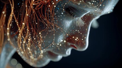 Close up of a silver skinned human face with glowing nerves and veins on a dark background - Powered by Adobe