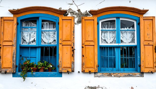 A close-up showcases two open windows with vibrant blue frames and orange shutters against a weathered white wall - Powered by Adobe