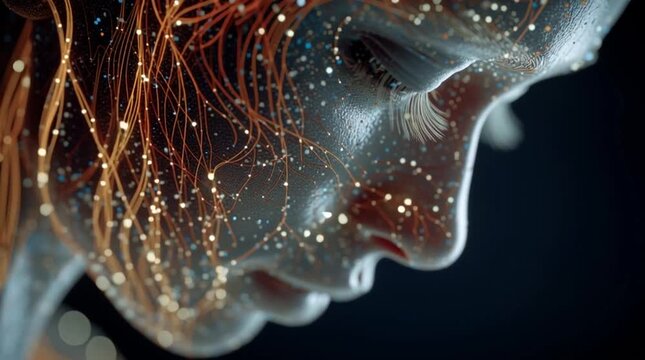 Close up of a silver skinned human face with glowing nerves and veins on a dark background