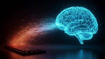 Glowing blue brain emanates from a keyboard with orange and blue light effects on a dark background - Powered by Adobe