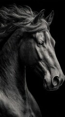 Obraz premium Majestic black horse portrait showcasing fine details and strong features against a dark background