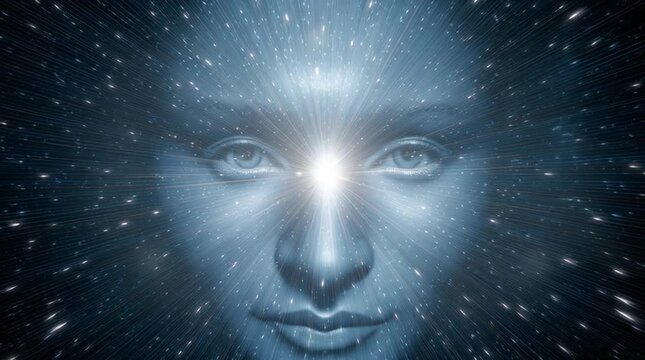 Ethereal face with bright light on forehead amidst a starry cosmic background radiating outwards