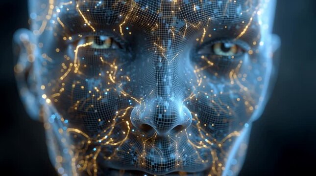 Close up of a translucent human face with a grid pattern and glowing lines and points of light