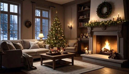 Cozy Christmas living room scene at night.  Warm lighting, festive decor