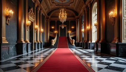 Fototapeta premium Grand interior hallway of Vladimir Palace, featuring red carpet leading up staircase. Ornate golden columns, sconces adorn marble walls. Black, white checkered floor reflects opulent chandelier