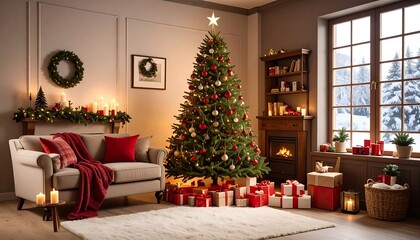 Obraz premium Cozy Christmas living room scene with a decorated tree