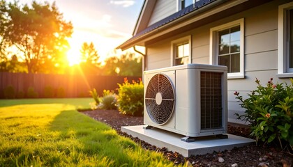 Exterior view of a residential building with an HVAC unit installed on a concrete pad. The scene is bathed in warm sunlight, illuminating the lawn and surrounding greenery