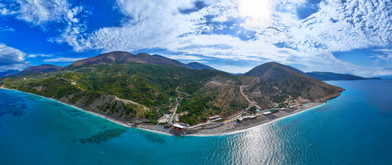 Fototapeta premium Albania Lukovë tourist village beach Ionian emerald water, crystal, panoramic view