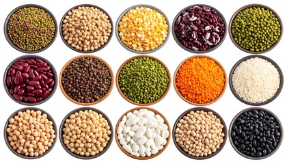 Fifteen round, ceramic bowls, each filled with a different dried legume, positioned in three rows of five. Various textures and colors are displayed, showing a variety of pulses. White background