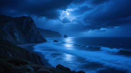 Obraz premium A Dramatic Moonlight Coastal Landscape with Crashing Waves