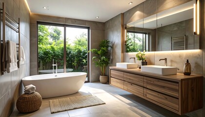 Luxurious bathroom design featuring a standalone tub, double vanity, and large window overlooking lush greenery.