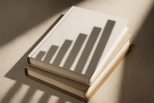 Stack of hardcover books with increasing bar chart shadow pattern on covers, minimalistic style, beige fabric background, concept of knowledge growth