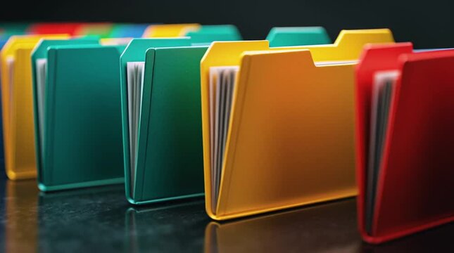 A row of colorful file folders standing upright on a dark glossy surface in a close up view