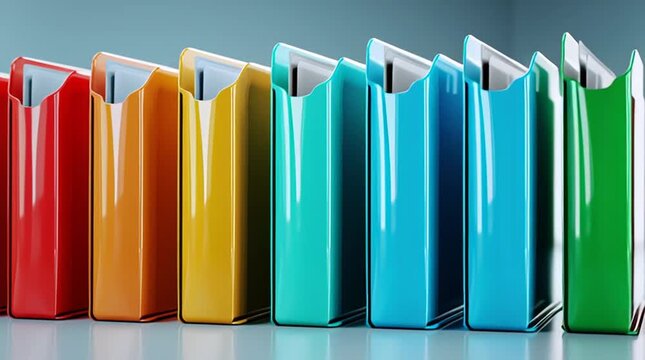 Row of colorful file folders standing upright against a light blue gradient background scene
