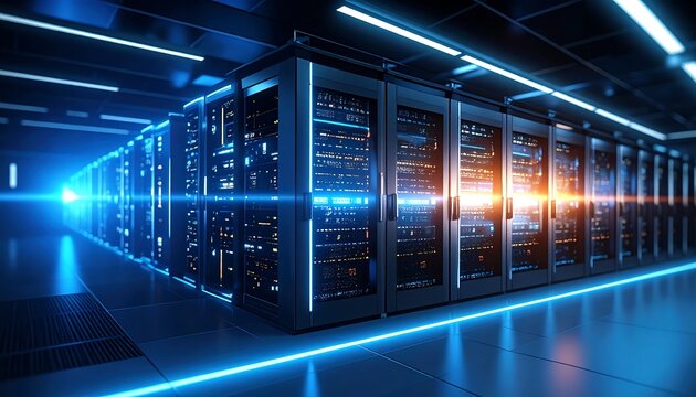 Rows of high-tech server cabinets bathed in cool blue light, leading the eye toward a brilliant central glow. 