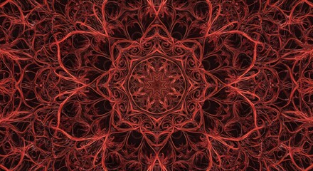 Mesmerizing fractal patterns in vibrant red create an intricate and symmetrical abstract digital artwork, evoking the profound interconnectedness of natural or mystical energy flows