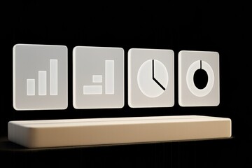 Set of four glowing white chart icons in minimalist style, featuring bar, horizontal bar, pie, and ring designs on a dark background