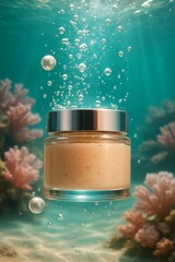 Hyper-realistic cosmetic jar mockup submerged underwater with corals and pearls in marine setting