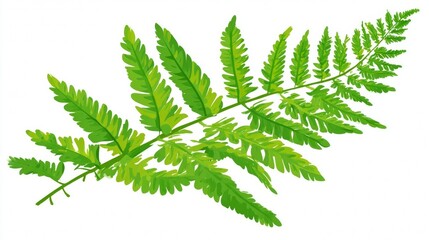 A single vibrant green fern frond with detailed, intricate leaves, isolated on a plain white background.
