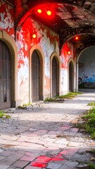 Decaying arched passageway lit by red lights