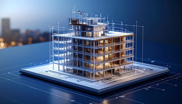 3D model of a building under construction, with blueprint lines, on a dark surface. 