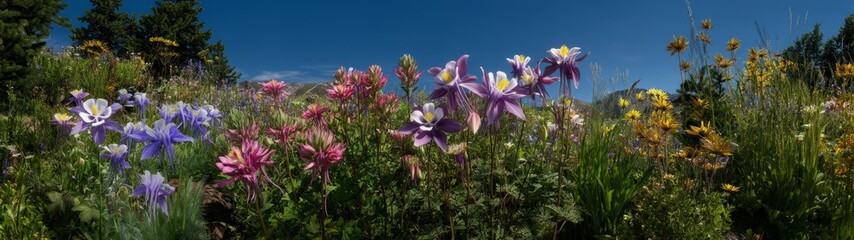 Obraz premium Vibrant wildflower bloom mountain meadow nature photography sunny landscape wide-angle shot seasonal beauty
